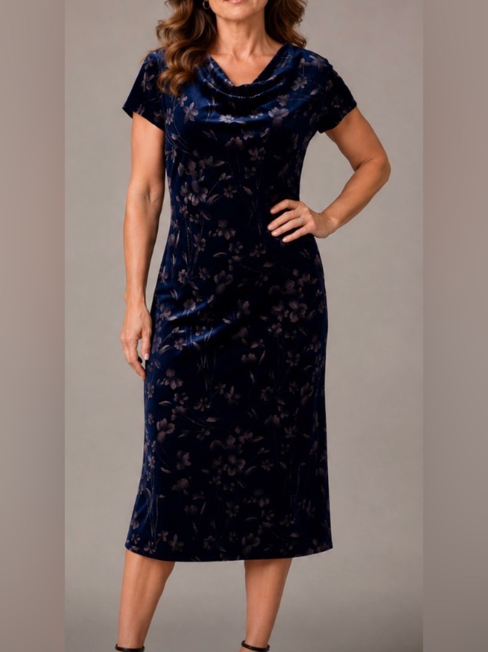David Warren Elegant Navy Floral Velvet Stretch Maxi Dress Size 4 Petite NWT